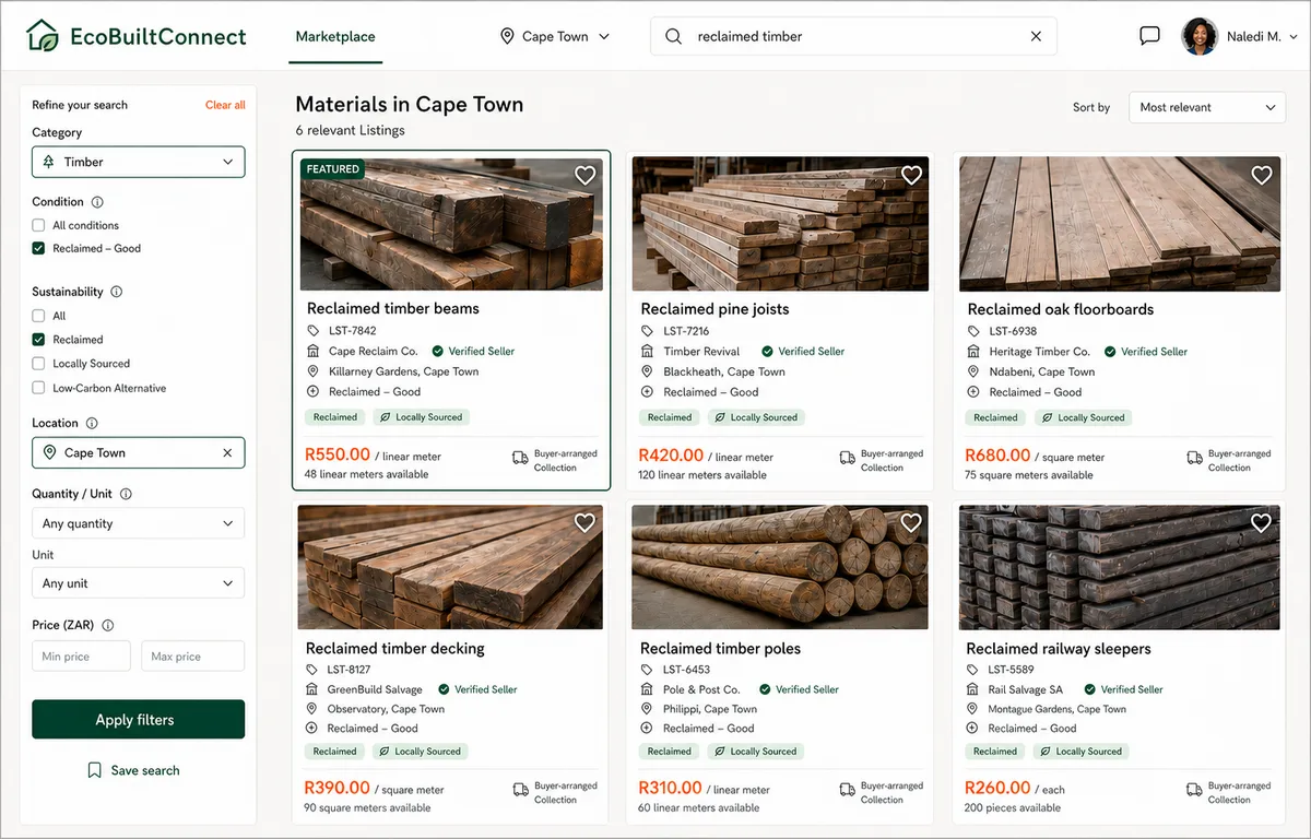 EcoBuiltConnect marketplace browsing screen listing reclaimed timber with per-unit prices and available quantities.
