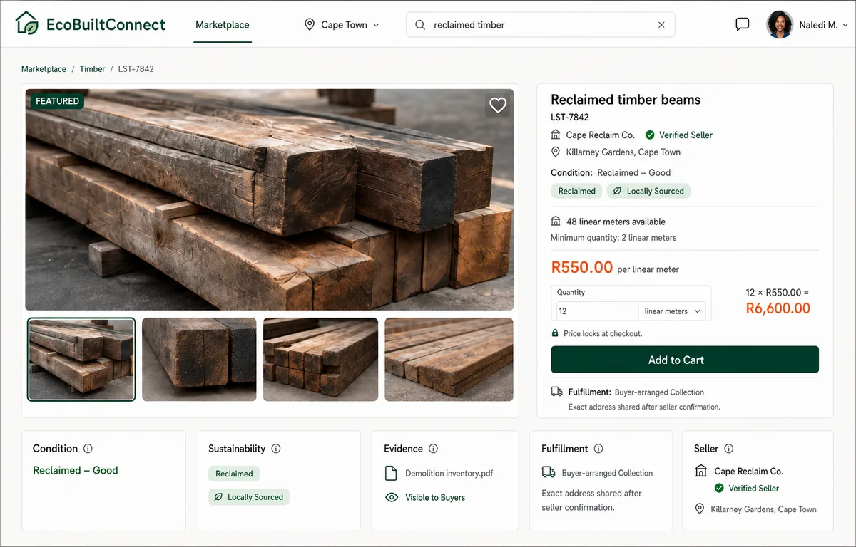 EcoBuiltConnect listing detail screen showing price per linear meter, available quantity, condition, and attached evidence.