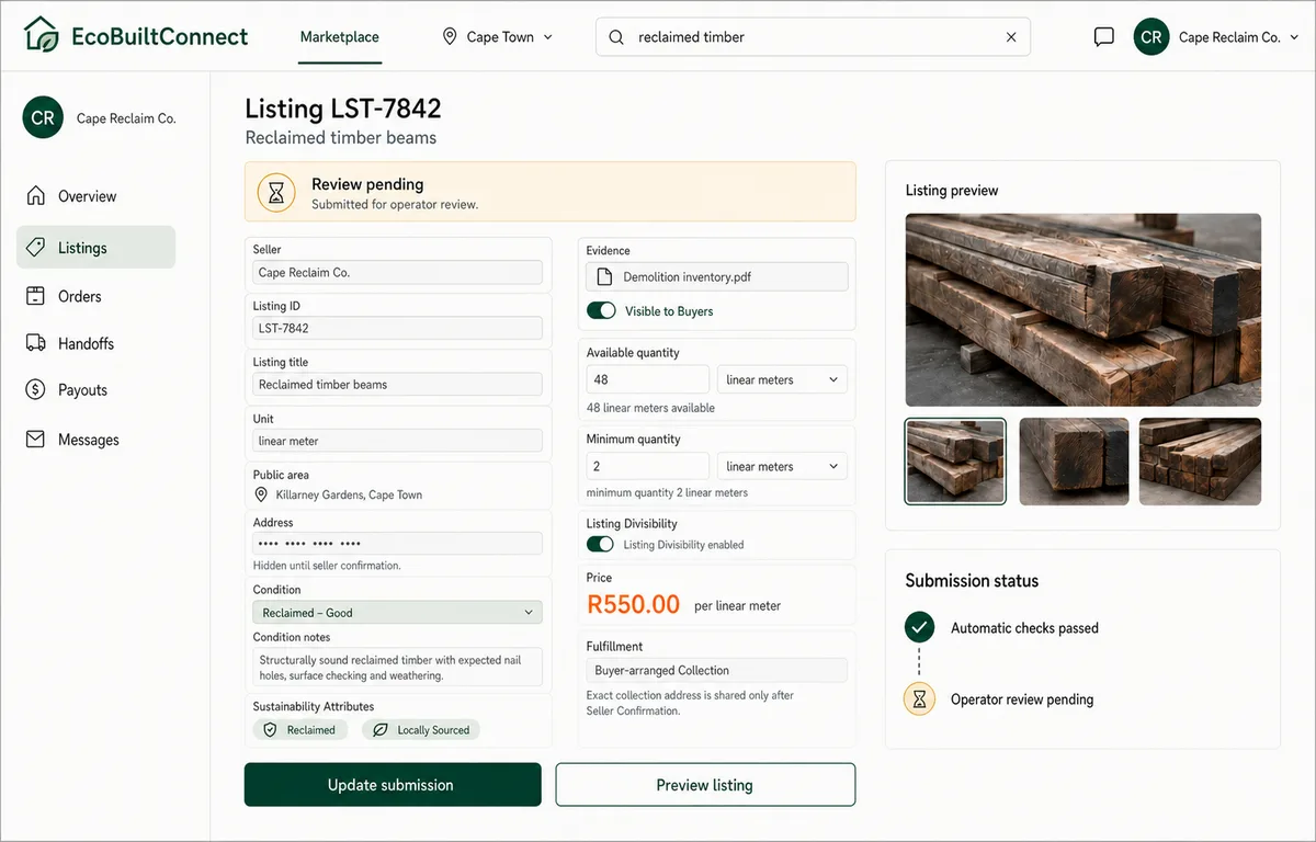 EcoBuiltConnect seller listing management screen showing a listing pending operator review with its submission status.