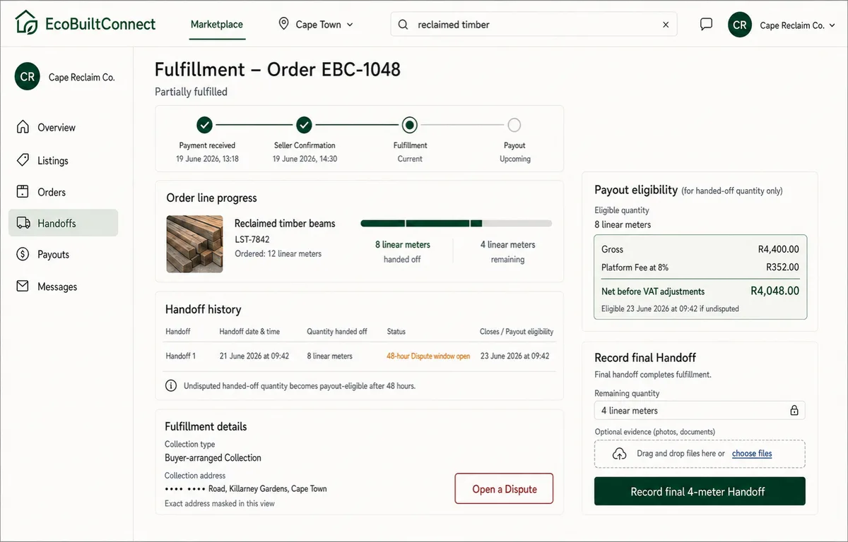 EcoBuiltConnect fulfillment screen showing partial handoff progress, dispute window, and payout eligibility for the handed-off quantity.